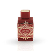 Badee Al Oud Sublime red perfume bottle with Art Deco gold design